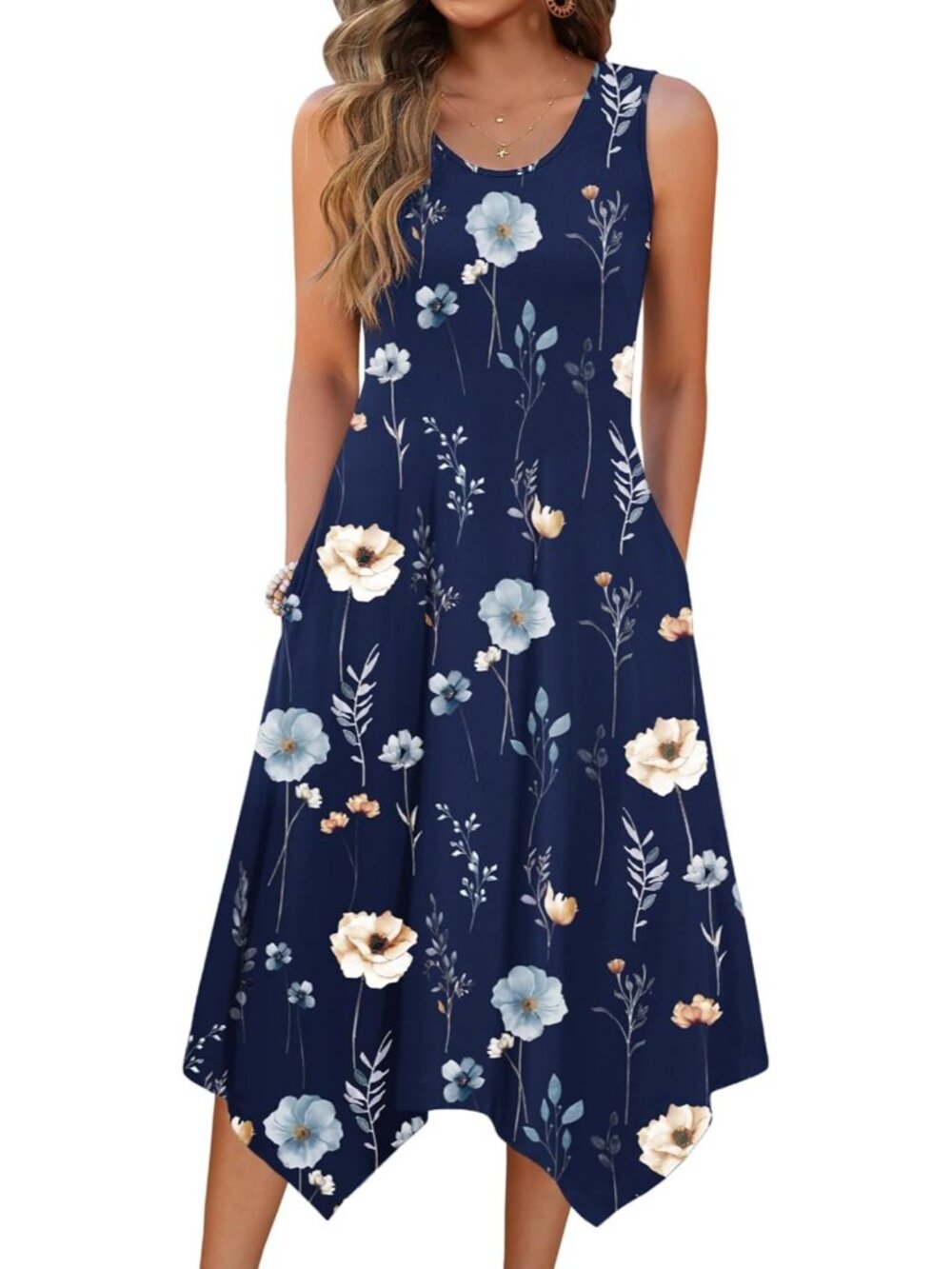 🆕Women's Navy Blue Summer Tank Dress Loose Flowy Beach Dress  Flare Midi Dress